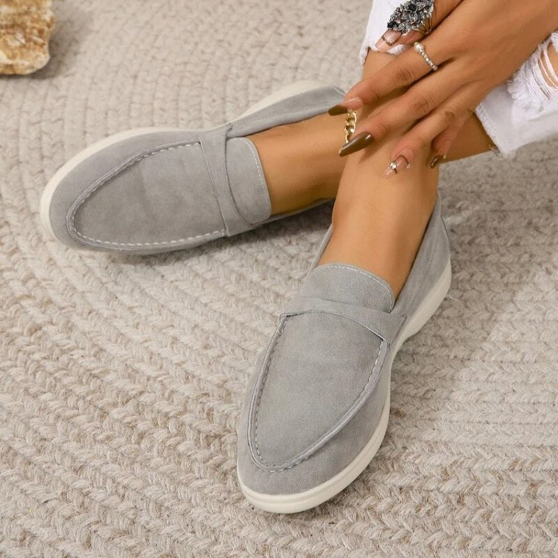 Loafers Dames Suède met Verhoogde Blokhak en Instapmodel - Khaki / Zwart / Grijs - Maelen