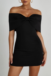 Off Shoulder Mini Jurk Dames met Strik en Korte Mouwen - Zwart - Maelen