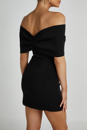 Off Shoulder Mini Jurk Dames met Strik en Korte Mouwen - Zwart - Maelen