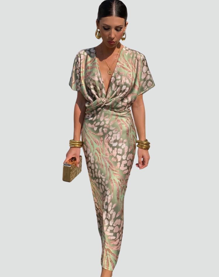 Verleidelijke Luchtige Maxi Jurk Dames met Overslaghalslijn, Diepe V-hals en Dierenprint - Groen/Roze/Beige