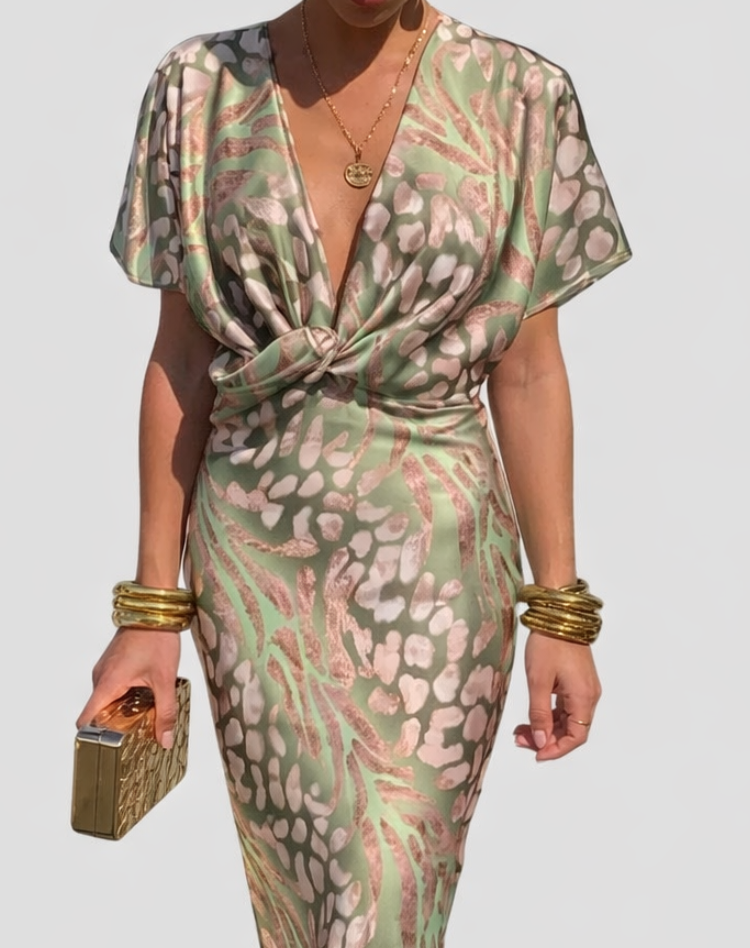 Verleidelijke Luchtige Maxi Jurk Dames met Overslaghalslijn, Diepe V-hals en Dierenprint - Groen/Roze/Beige