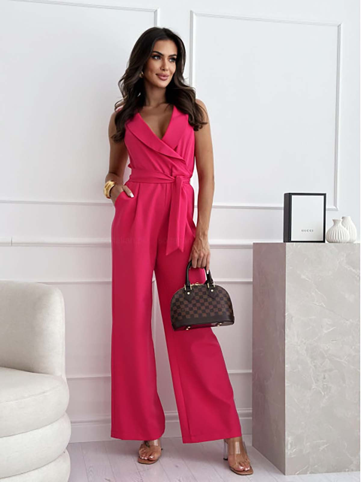Dames Jumpsuit Mouwloos Blazer Look V-hals Wide Leg Elegant Casual - Wit / Zwart / Khaki - Maelen