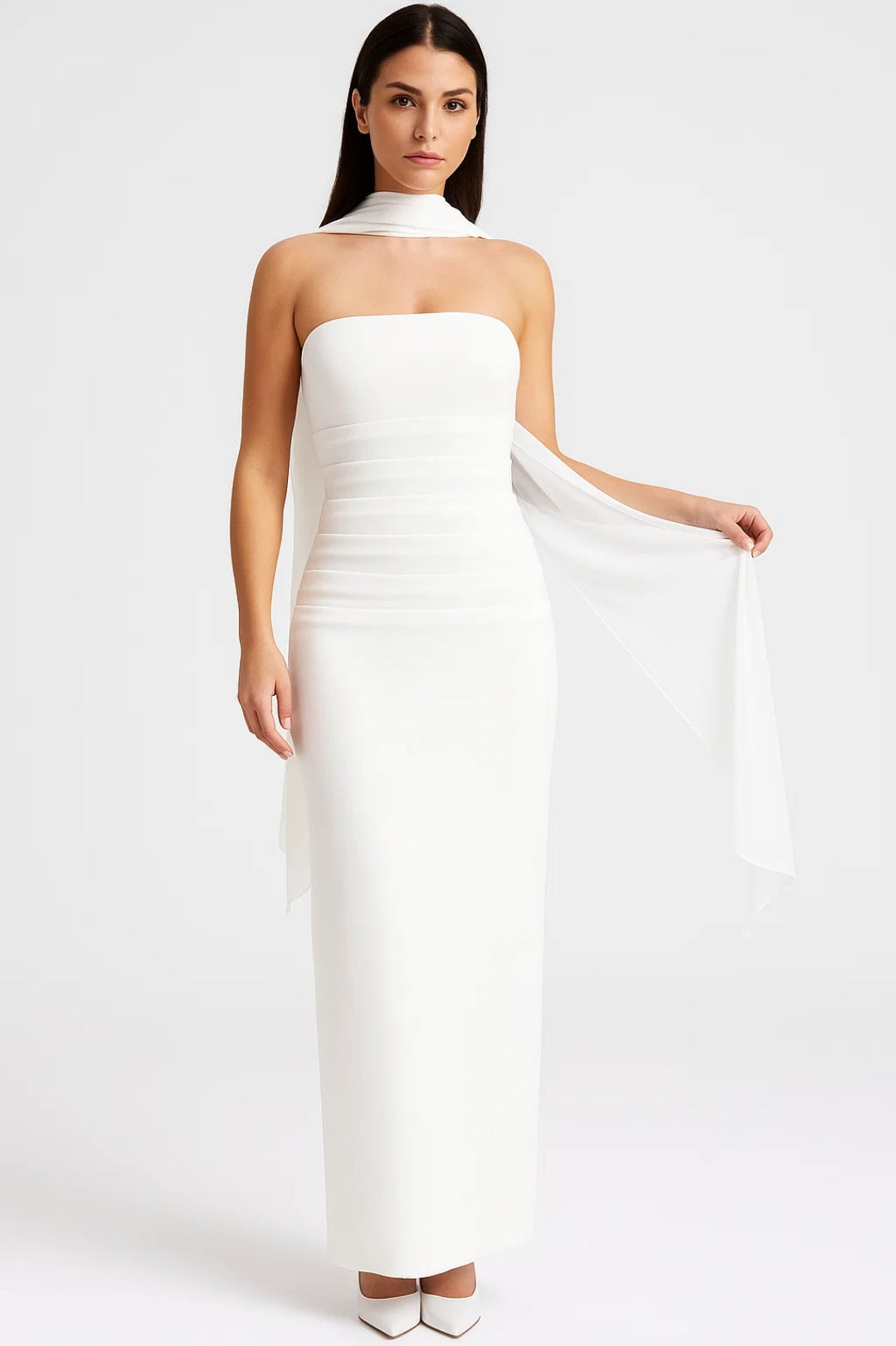 Strapless Maxi Jurk met Split Dames - Wit / Bordeaux / Zwart - Maelen