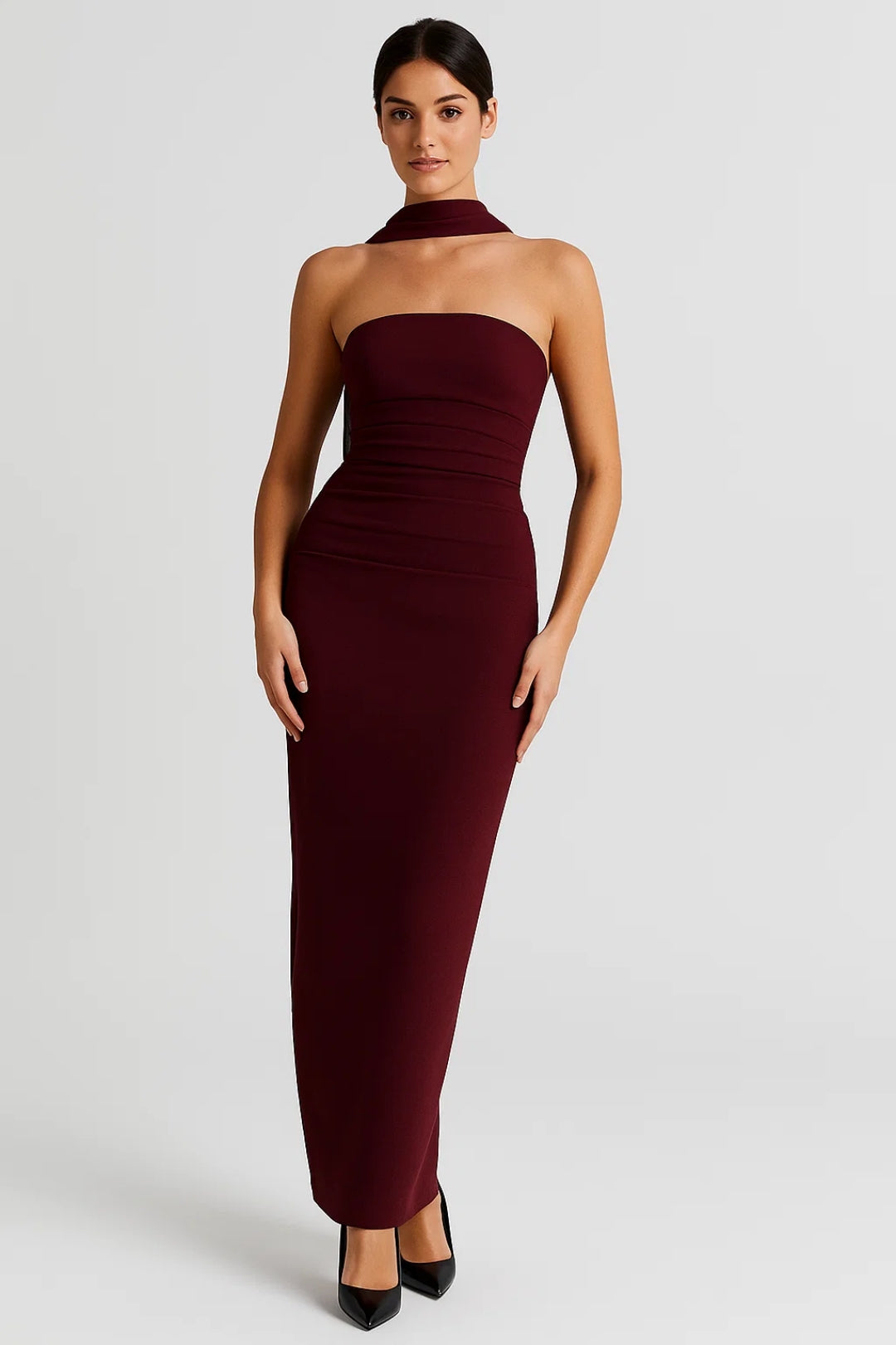 Strapless Maxi Jurk met Split Dames - Wit / Bordeaux / Zwart - Maelen