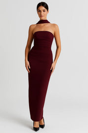 Strapless Maxi Jurk met Split Dames - Wit / Bordeaux / Zwart - Maelen