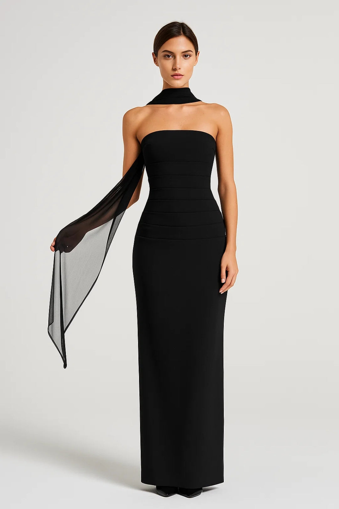 Strapless Maxi Jurk met Split Dames - Wit / Bordeaux / Zwart - Maelen