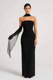Strapless Maxi Jurk met Split Dames - Wit / Bordeaux / Zwart - Maelen
