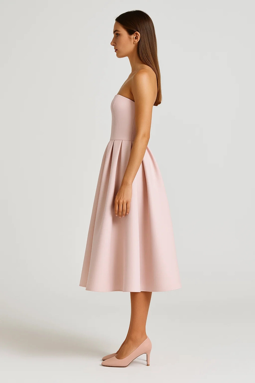 Strapless Midi Jurk met Uitlopende Rok Dames - Lichtroze / Zwart / Lichtgroen - Maelen