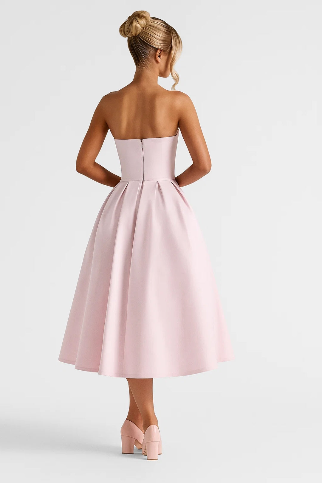 Strapless Midi Jurk met Uitlopende Rok Dames - Lichtroze / Zwart / Lichtgroen - Maelen