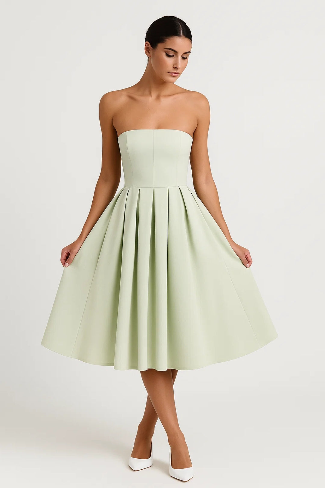 Strapless Midi Jurk met Uitlopende Rok Dames - Lichtroze / Zwart / Lichtgroen - Maelen