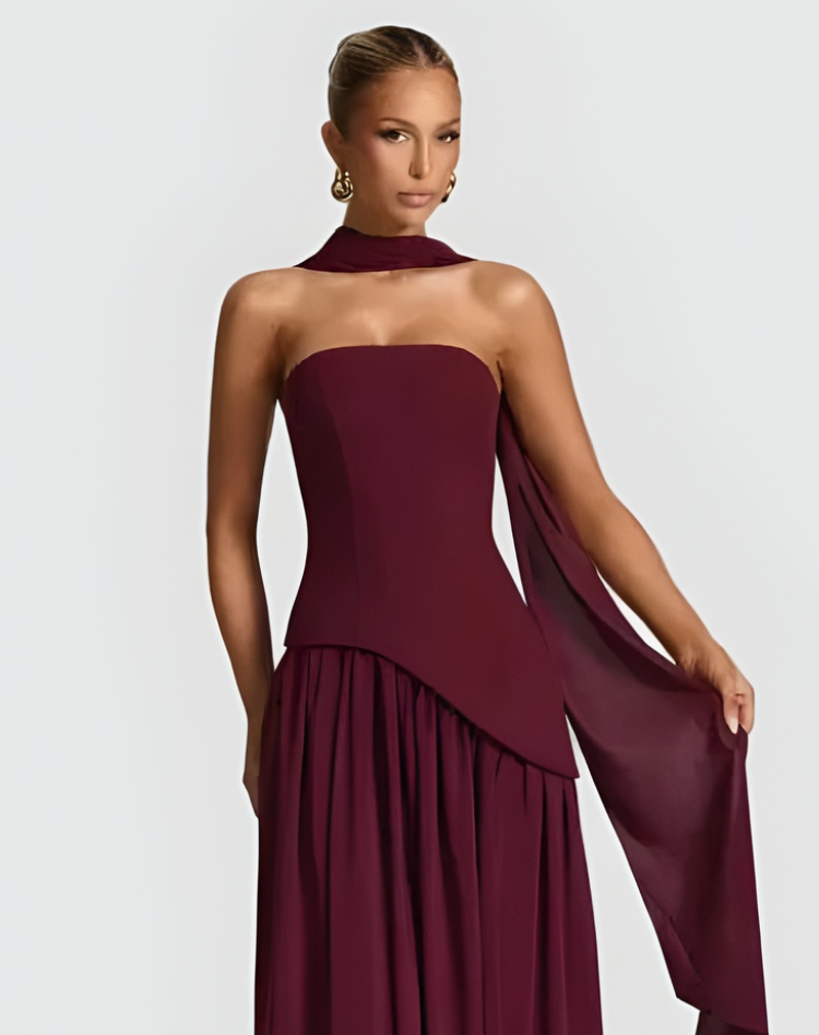Maxi Galajurk voor Dames met Asymmetrisch Korset, Sjaal en Halterhals - Rood/Zwart/Donkerblauw