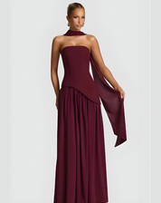 Maxi Galajurk voor Dames met Asymmetrisch Korset, Sjaal en Halterhals - Rood/Zwart/Donkerblauw