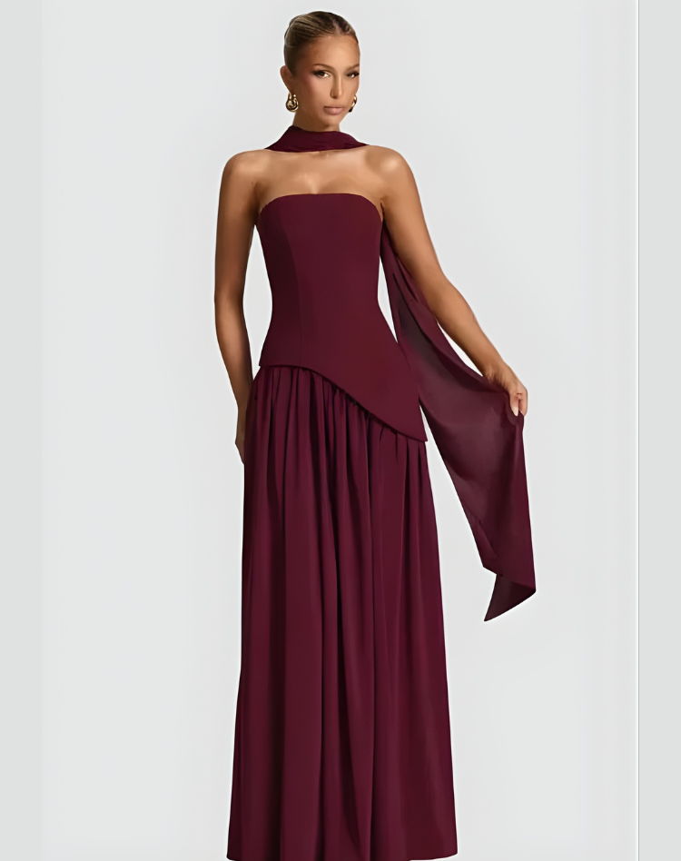 Maxi Galajurk voor Dames met Asymmetrisch Korset, Sjaal en Halterhals - Rood/Zwart/Donkerblauw