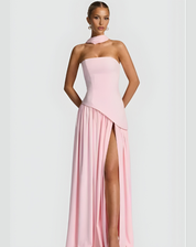 Maxi Galajurk voor Dames met Asymmetrisch Korset, Sjaal en Halterhals - Rood/Zwart/Donkerblauw