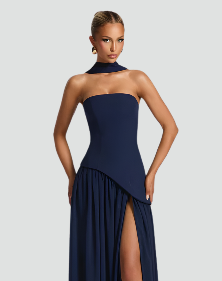 Maxi Galajurk voor Dames met Asymmetrisch Korset, Sjaal en Halterhals - Rood/Zwart/Donkerblauw
