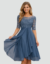 Midi Feestjurk Dames van Kant met 3/4 Mouw en Tule Rok, Elegant voor Bruiloft en Gala - Adriana Torrisi