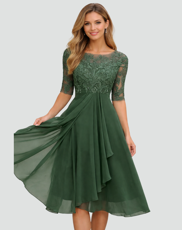 Midi Feestjurk Dames van Kant met 3/4 Mouw en Tule Rok, Elegant voor Bruiloft en Gala - Adriana Torrisi