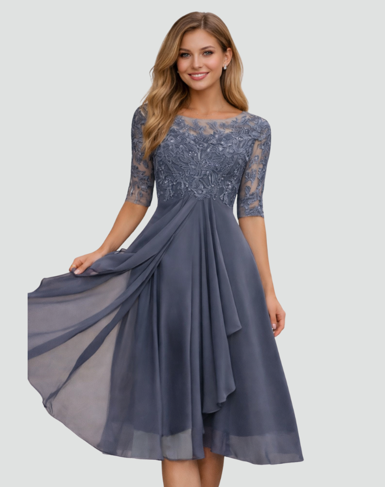 Midi Feestjurk Dames van Kant met 3/4 Mouw en Tule Rok, Elegant voor Bruiloft en Gala - Adriana Torrisi