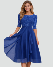 Midi Feestjurk Dames van Kant met 3/4 Mouw en Tule Rok, Elegant voor Bruiloft en Gala - Adriana Torrisi