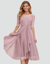 Midi Feestjurk Dames van Kant met 3/4 Mouw en Tule Rok, Elegant voor Bruiloft en Gala - Adriana Torrisi