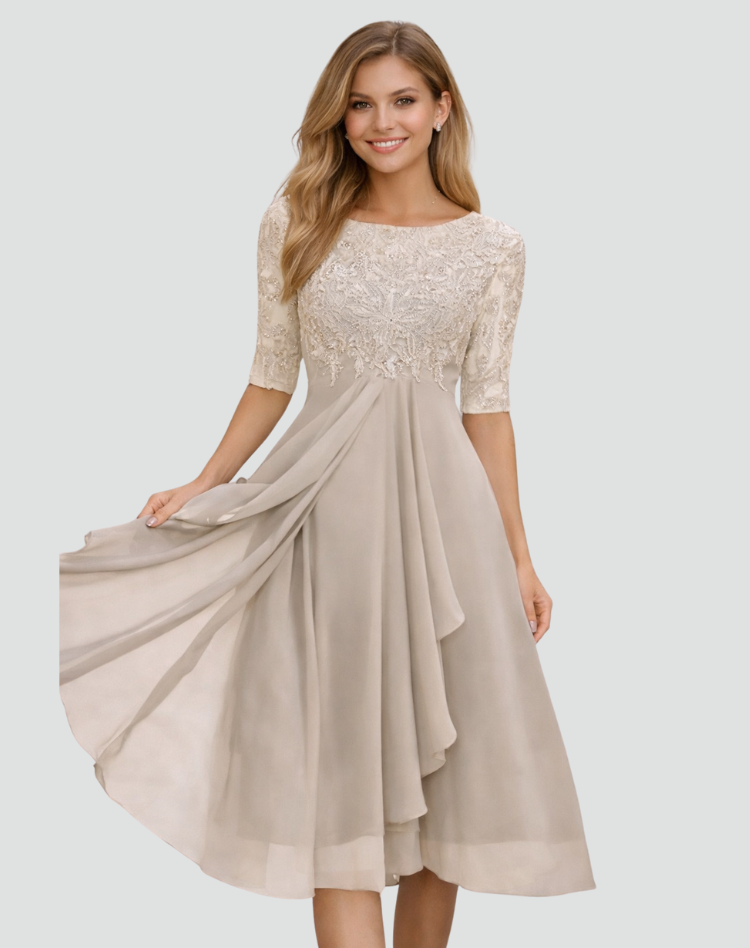 Midi Feestjurk Dames van Kant met 3/4 Mouw en Tule Rok, Elegant voor Bruiloft en Gala - Adriana Torrisi