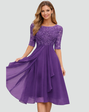 Midi Feestjurk Dames van Kant met 3/4 Mouw en Tule Rok, Elegant voor Bruiloft en Gala - Adriana Torrisi
