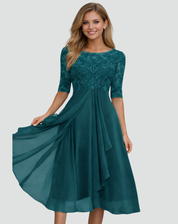 Midi Feestjurk Dames van Kant met 3/4 Mouw en Tule Rok, Elegant voor Bruiloft en Gala - Adriana Torrisi
