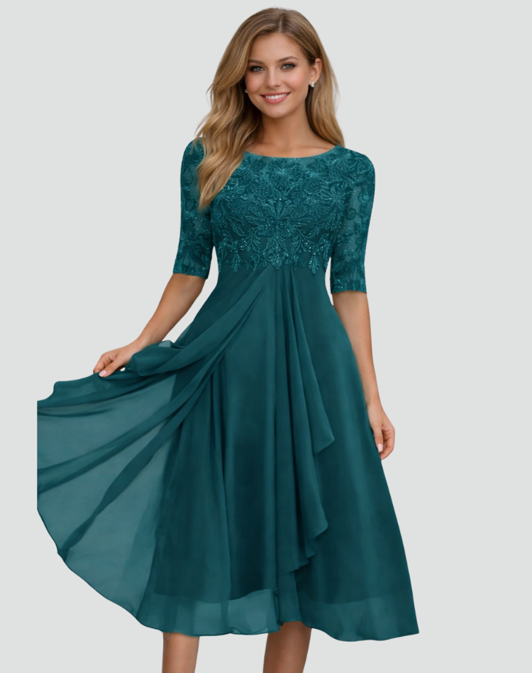 Midi Feestjurk Dames van Kant met 3/4 Mouw en Tule Rok, Elegant voor Bruiloft en Gala - Adriana Torrisi