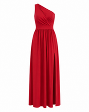Maxi Avondjurk met Eén Schouder en een Split aan de Zijkant, One Shoulder Galajurk met Uitsnijding - Beige/Zwart/Rood