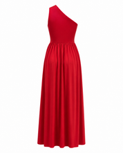 Maxi Avondjurk met Eén Schouder en een Split aan de Zijkant, One Shoulder Galajurk met Uitsnijding - Beige/Zwart/Rood