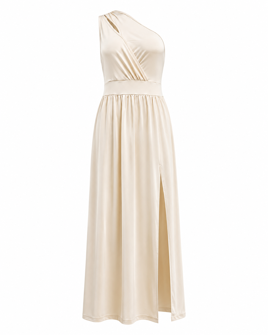 Maxi Avondjurk met Eén Schouder en een Split aan de Zijkant, One Shoulder Galajurk met Uitsnijding - Beige/Zwart/Rood