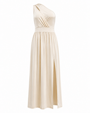 Maxi Avondjurk met Eén Schouder en een Split aan de Zijkant, One Shoulder Galajurk met Uitsnijding - Beige/Zwart/Rood
