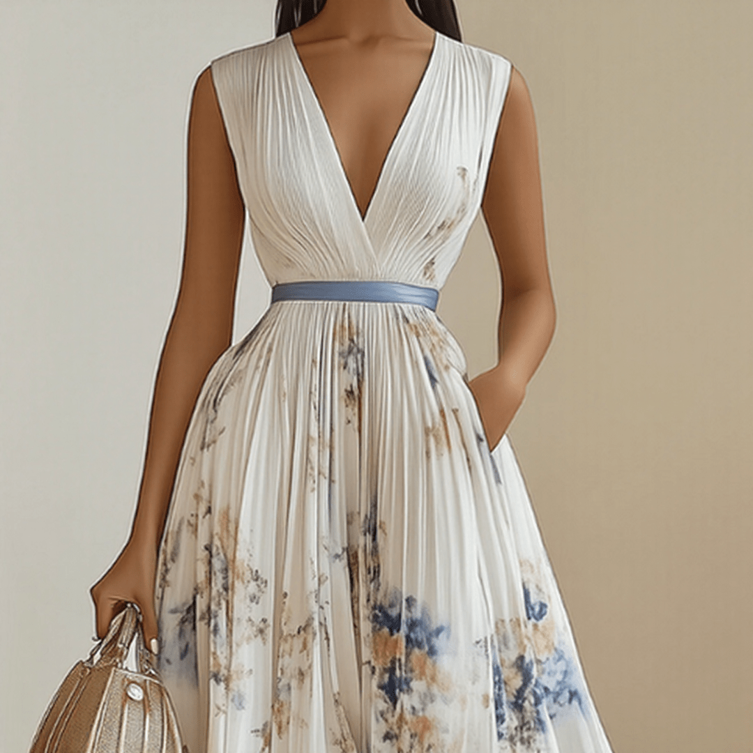 Bloemen Maxi Jurk Dames met Plissé Rok, V-hals en Lange Mouw - Aurora Bellini