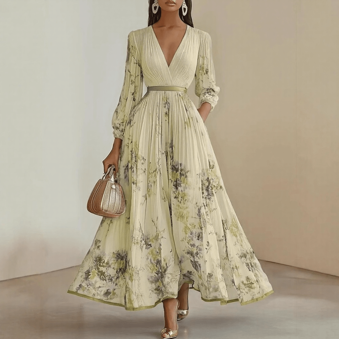 Bloemen Maxi Jurk Dames met Plissé Rok, V-hals en Lange Mouw - Aurora Bellini
