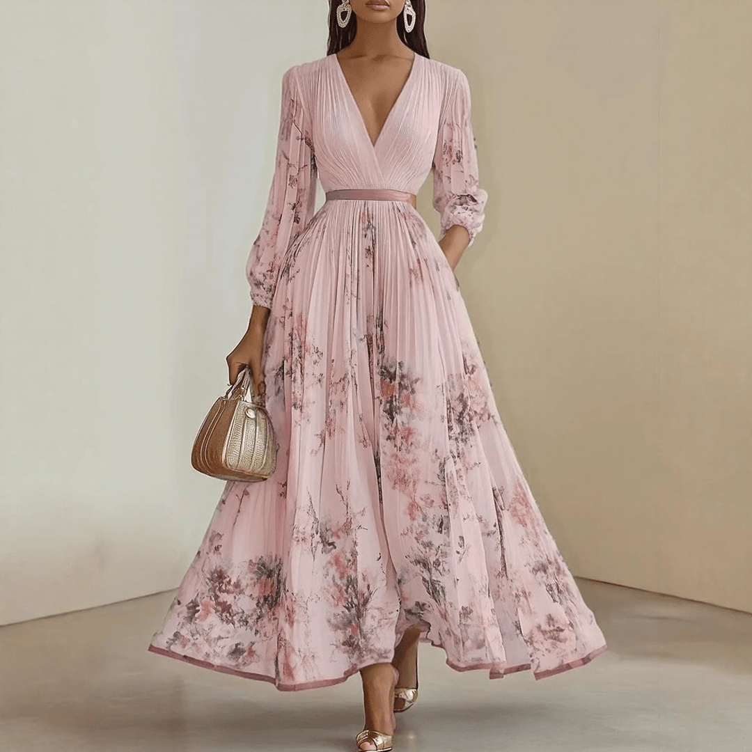 Bloemen Maxi Jurk Dames met Plissé Rok, V-hals en Lange Mouw - Aurora Bellini