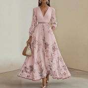 Bloemen Maxi Jurk Dames met Plissé Rok, V-hals en Lange Mouw - Aurora Bellini