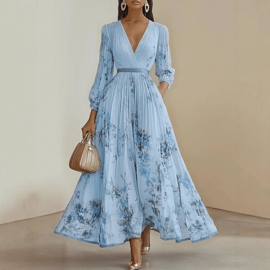 Bloemen Maxi Jurk Dames met Plissé Rok, V-hals en Lange Mouw - Aurora Bellini