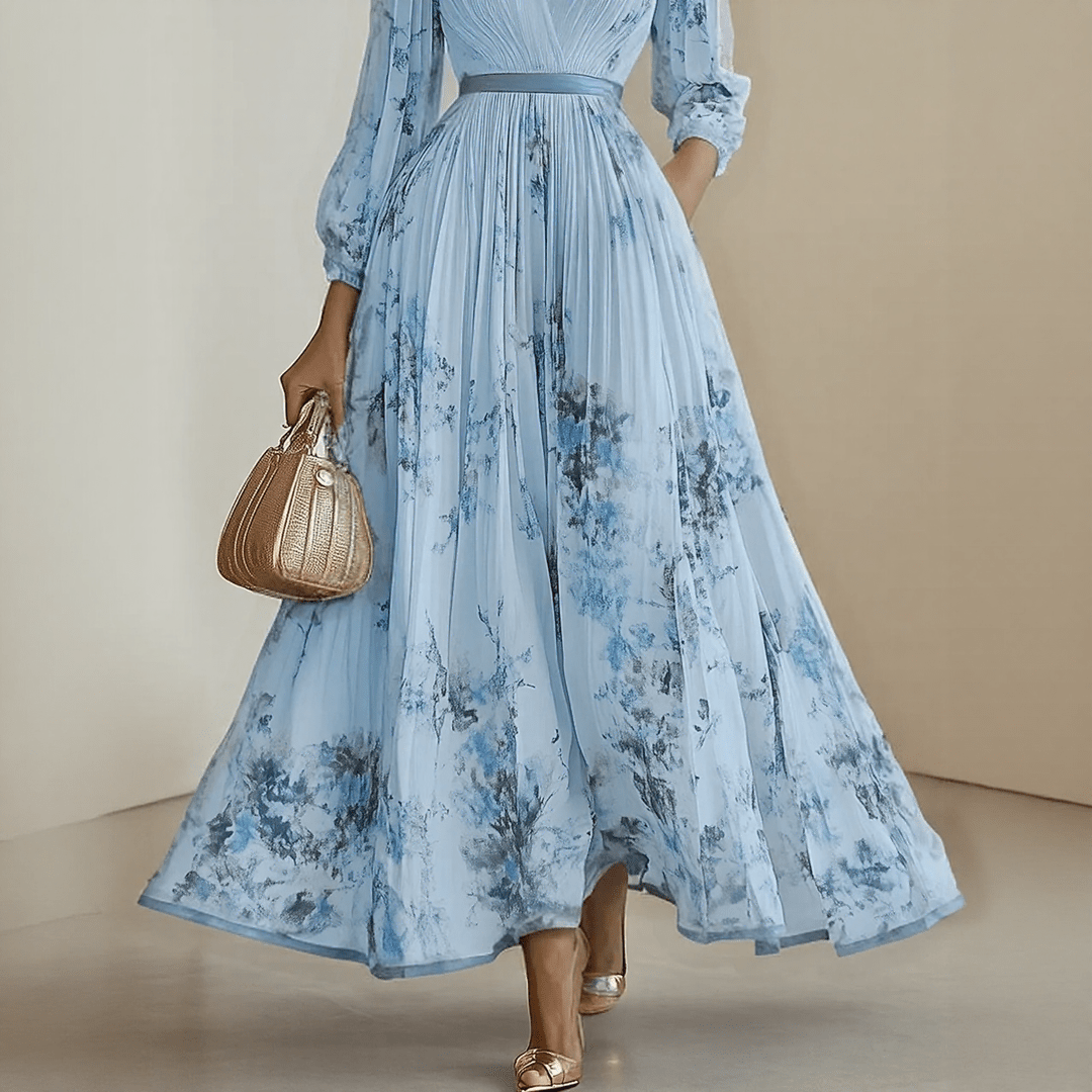 Bloemen Maxi Jurk Dames met Plissé Rok, V-hals en Lange Mouw - Aurora Bellini