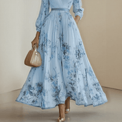 Bloemen Maxi Jurk Dames met Plissé Rok, V-hals en Lange Mouw - Aurora Bellini