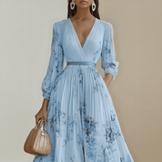 Bloemen Maxi Jurk Dames met Plissé Rok, V-hals en Lange Mouw - Aurora Bellini