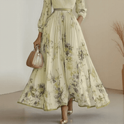 Bloemen Maxi Jurk Dames met Plissé Rok, V-hals en Lange Mouw - Aurora Bellini