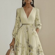 Bloemen Maxi Jurk Dames met Plissé Rok, V-hals en Lange Mouw - Aurora Bellini