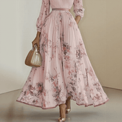 Bloemen Maxi Jurk Dames met Plissé Rok, V-hals en Lange Mouw - Aurora Bellini