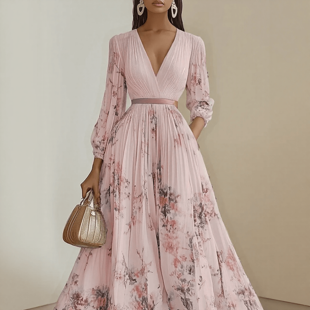 Bloemen Maxi Jurk Dames met Plissé Rok, V-hals en Lange Mouw - Aurora Bellini