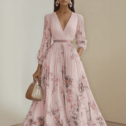 Bloemen Maxi Jurk Dames met Plissé Rok, V-hals en Lange Mouw - Aurora Bellini