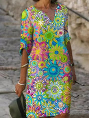 Dames Bloemen Zomerjurk Kleurrijke Print Korte Mouwen Oversized Casual - Groen / Geel / Roze - Maelen