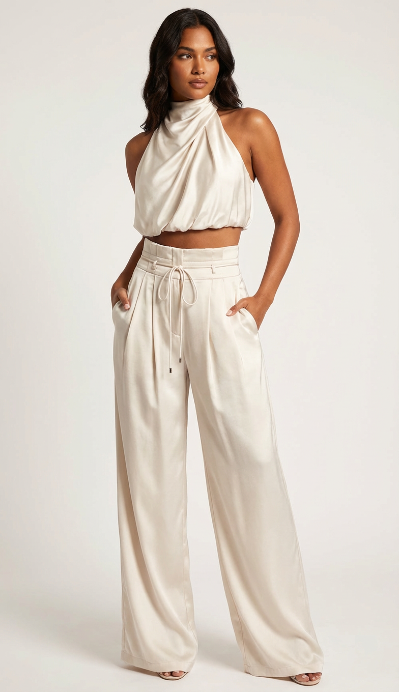 Tweedelige Satijnen Co-ord Set Seraphine met Haltertop en Wijde Broek - Zwart/Champagne/Rood