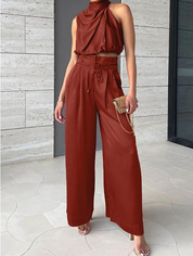 Tweedelige Satijnen Co-ord Set Seraphine met Haltertop en Wijde Broek - Zwart/Champagne/Rood