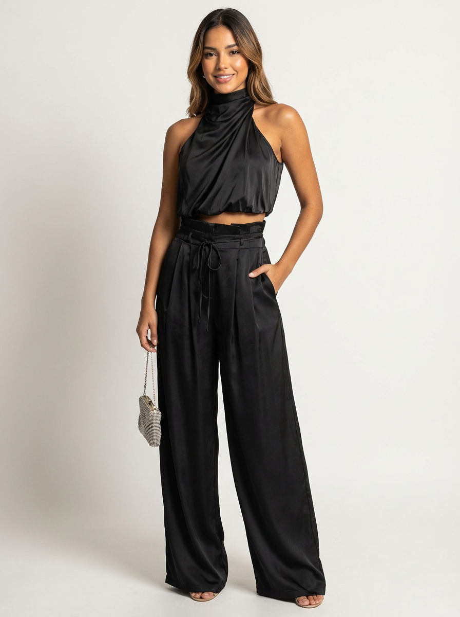 Tweedelige Satijnen Co-ord Set Seraphine met Haltertop en Wijde Broek - Zwart/Champagne/Rood