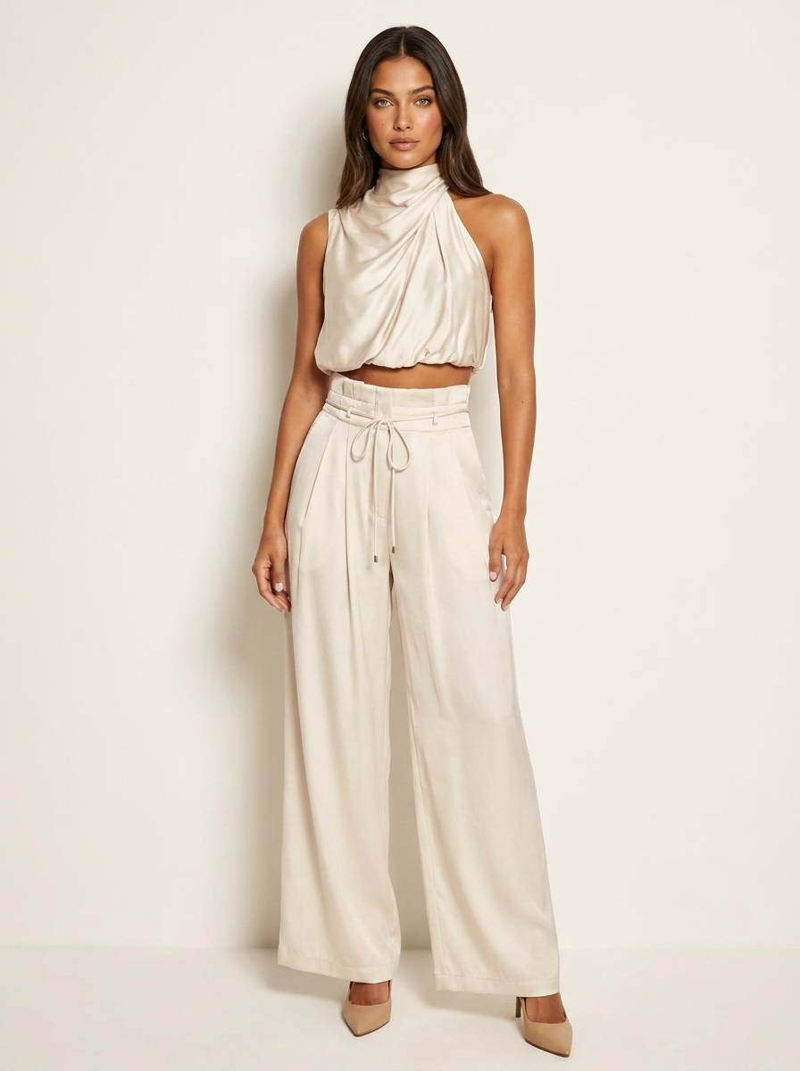 Tweedelige Satijnen Co-ord Set Seraphine met Haltertop en Wijde Broek - Zwart/Champagne/Rood